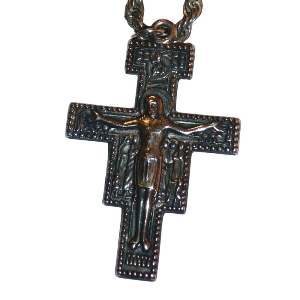 Vintage Orthodox Crucifix Cross Pendant Necklace Silver Tone Rope Chain 24 In